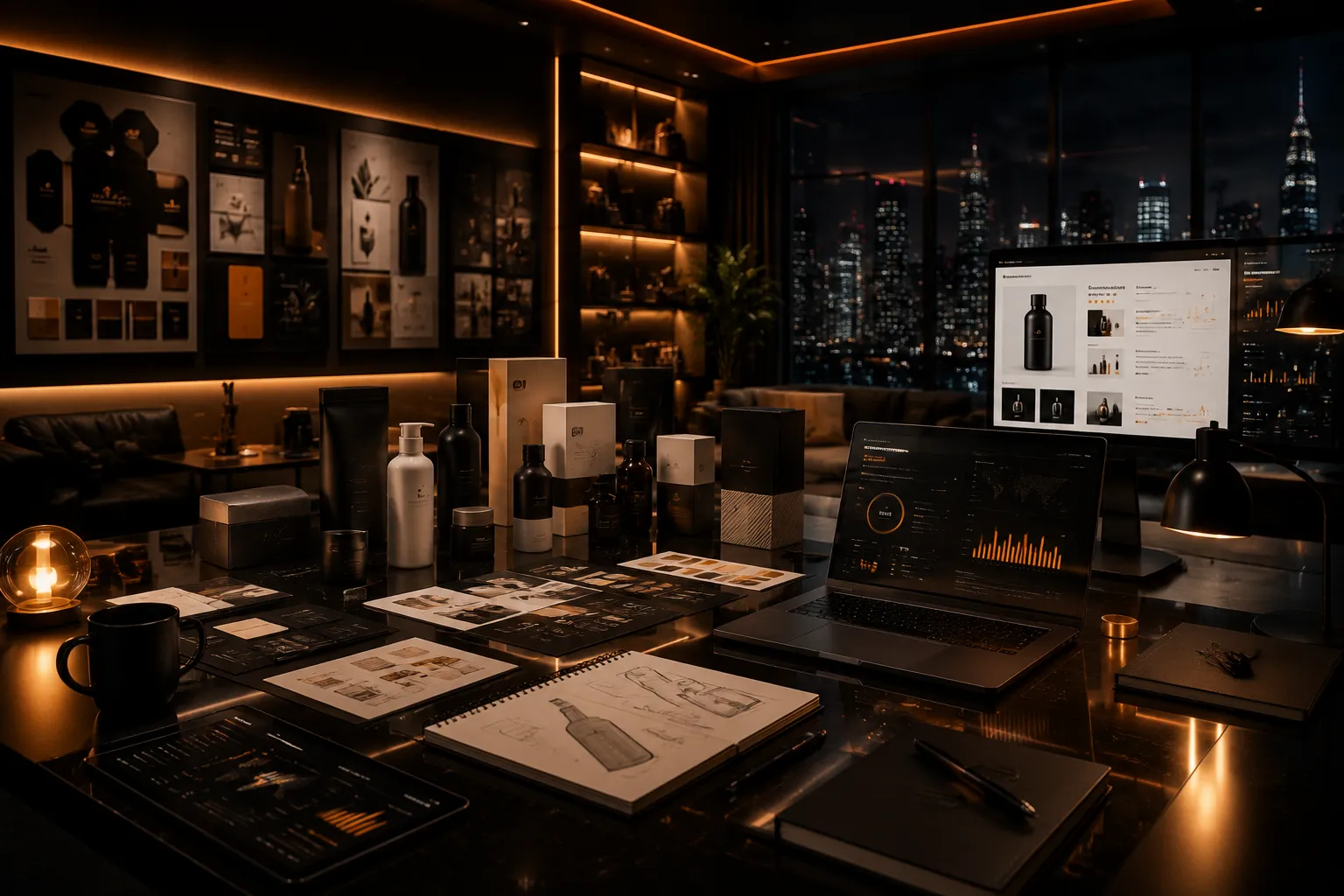 Ecomtik brand strategy workspace with premium product prototypes and analytics